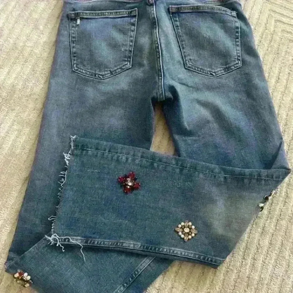 Zara  High Rise Denim Blue Sparkly Bead Rhinestones Jewellery Distressed Size 4 - Picture 7 of 8